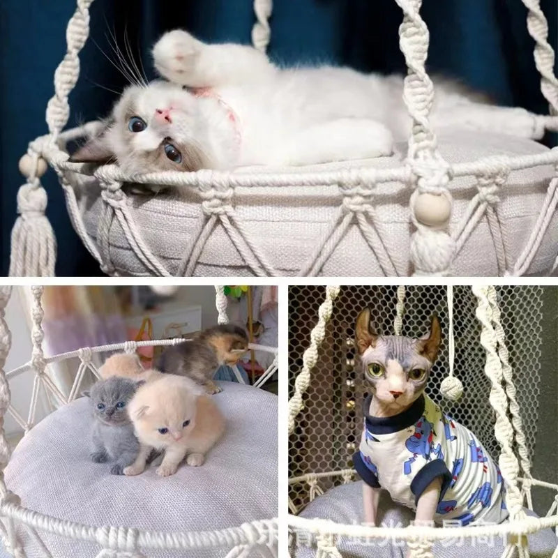 Hand-Woven Cotton Rope Winter Pet Hammock for Cats - Indoor Hanging Basket and Nest Supplies