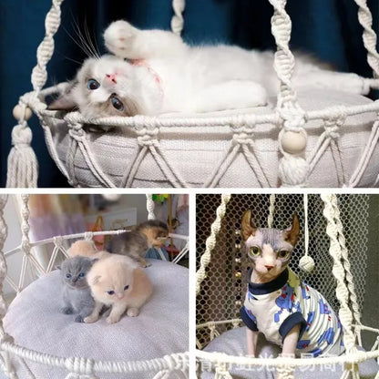Hand-Woven Cotton Rope Winter Pet Hammock for Cats - Indoor Hanging Basket and Nest Supplies
