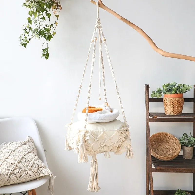 Hand-Woven Cotton Rope Winter Pet Hammock for Cats - Indoor Hanging Basket and Nest Supplies