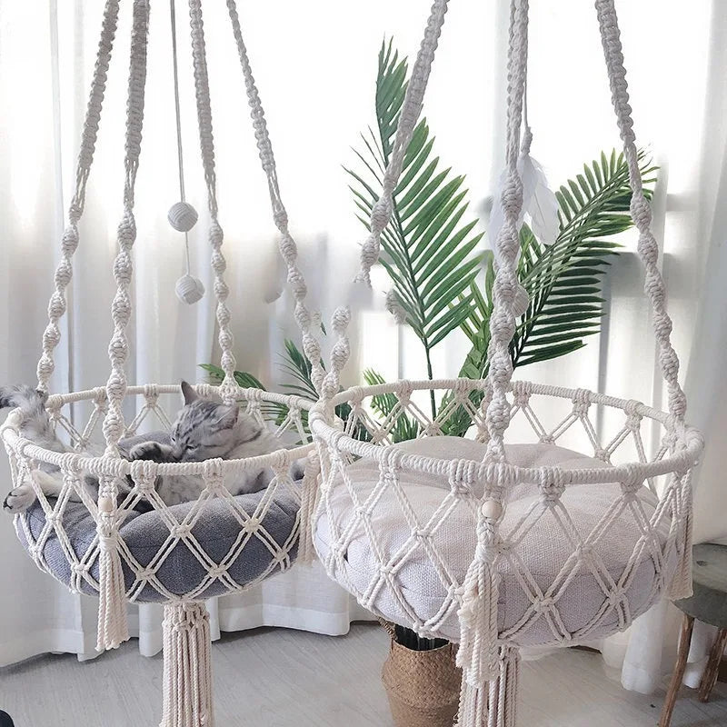 Hand-Woven Cotton Rope Winter Pet Hammock for Cats - Indoor Hanging Basket and Nest Supplies