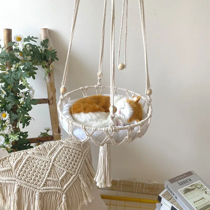 Hand-Woven Cotton Rope Winter Pet Hammock for Cats - Indoor Hanging Basket and Nest Supplies